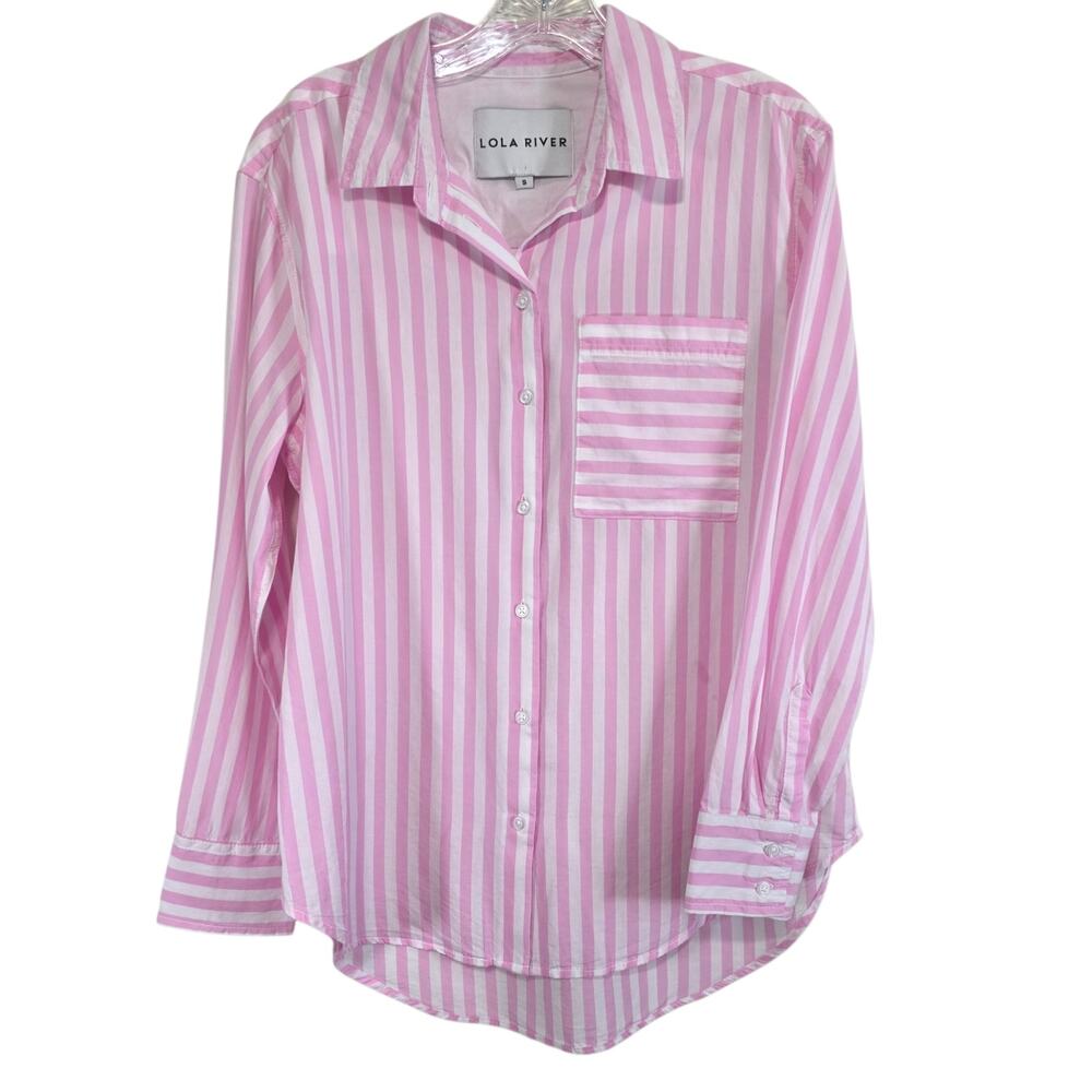 Lola River Womens Pink Stripe Button Front Causal Long Sleeve Shirt Blouse Small